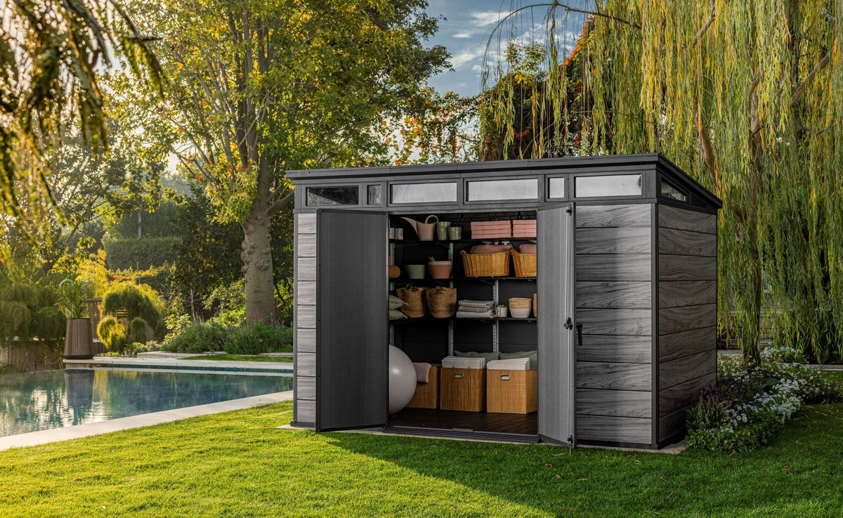 2026 NewKeter Signature 11x7 ft. Durable Resin Outdoor Storage Shed With Heavy Duty Floor and Locking Door, Walnut