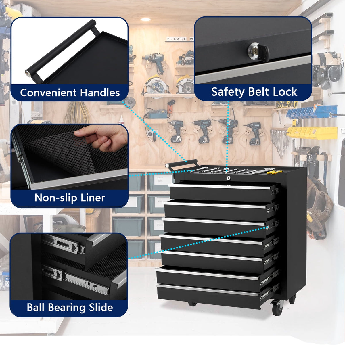 Rolling Tool Chest, 5-Drawers Metal Tool Box Organizer w/Auto Locking System & Lockable Wheels, Sliding Drawers