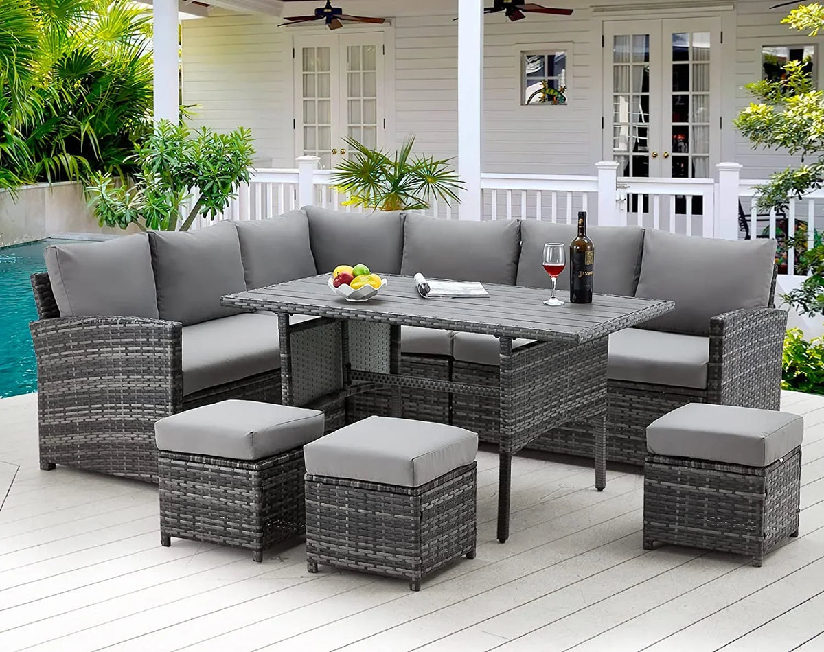 2026 NewAECOJOY 7 Piece Patio Furniture Set PE Rattan Outdoor Dining Set Sectional Sofa Couch with Table Patio Conversation Set in Gray