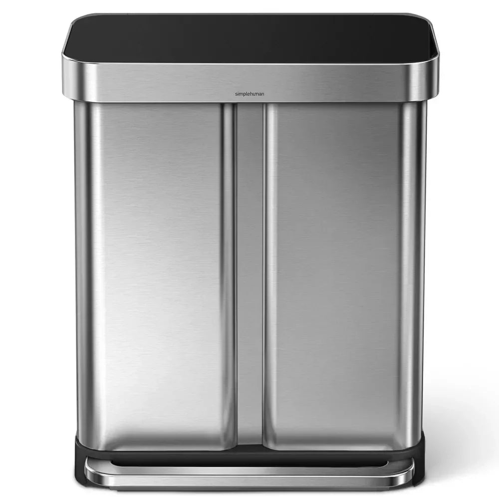 2026 Newsimplehuman 58 Liter / 15.3 Gallon Rectangular Dual Compartment Recycling Step, Brushed Stainless Steel with Soft-Close Plastic Lid Kitchen Trash Can