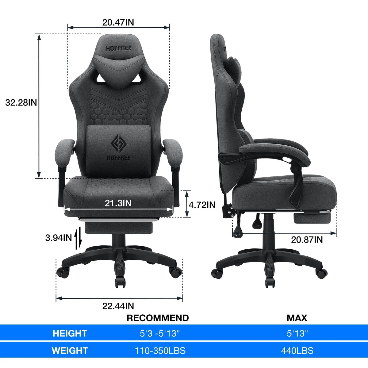 2026 NewHoffree Gaming Chair with Massage Fabric Office Chair with footrest for Adults, Ergonomic Gamer Chair with Headrest and Lumbar Support for Office Gaming, 440 LBS