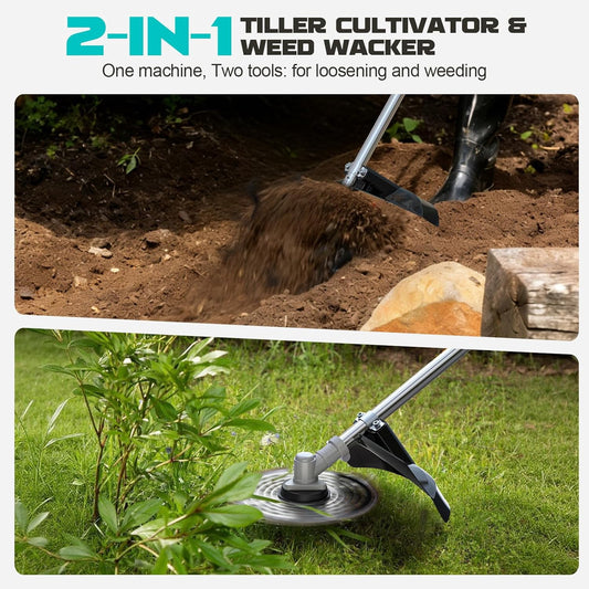 Golyzmt Cordless 2-in-1 Tiller Cultivator & Weed Wacker, 500RPM Ecarke Electric Garden Tiller String Trimmer Soil Cultivation Raised Beds, Weedi