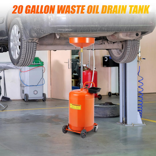 Waste Oil Drain Tank Air Operated Portable Oil Drainer with Adjustable Funnel Height Fluid Fuel Transfer Drainage with Wheels for Auto Repair Shops Garages