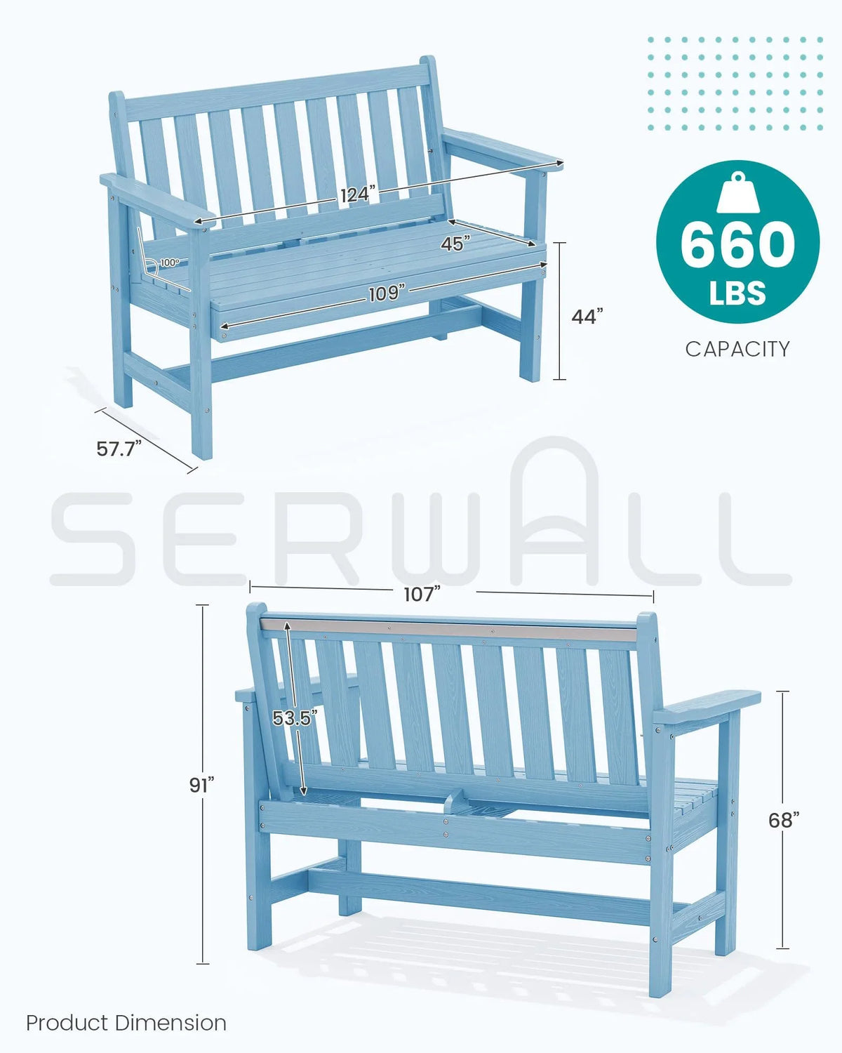 2026 NewSERWALL Outdoor Bench for 2-Person, Weather-Resistant HDPE with Aluminum Reinforcement, Supports 660 lbs, Comfortable Seating for Patio, Garden, and Porch, Black