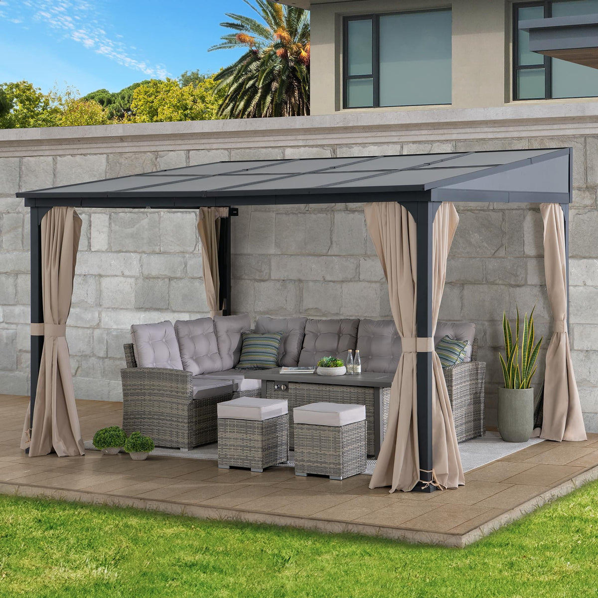 Sunjoy Outdoor Wall Mounted Gazebo 10ft. x 12ft. ,Metal Frame with Polycarbonate Roof, Black Aluminum & Metal Lean-To Gazebo with Curtains and Netting