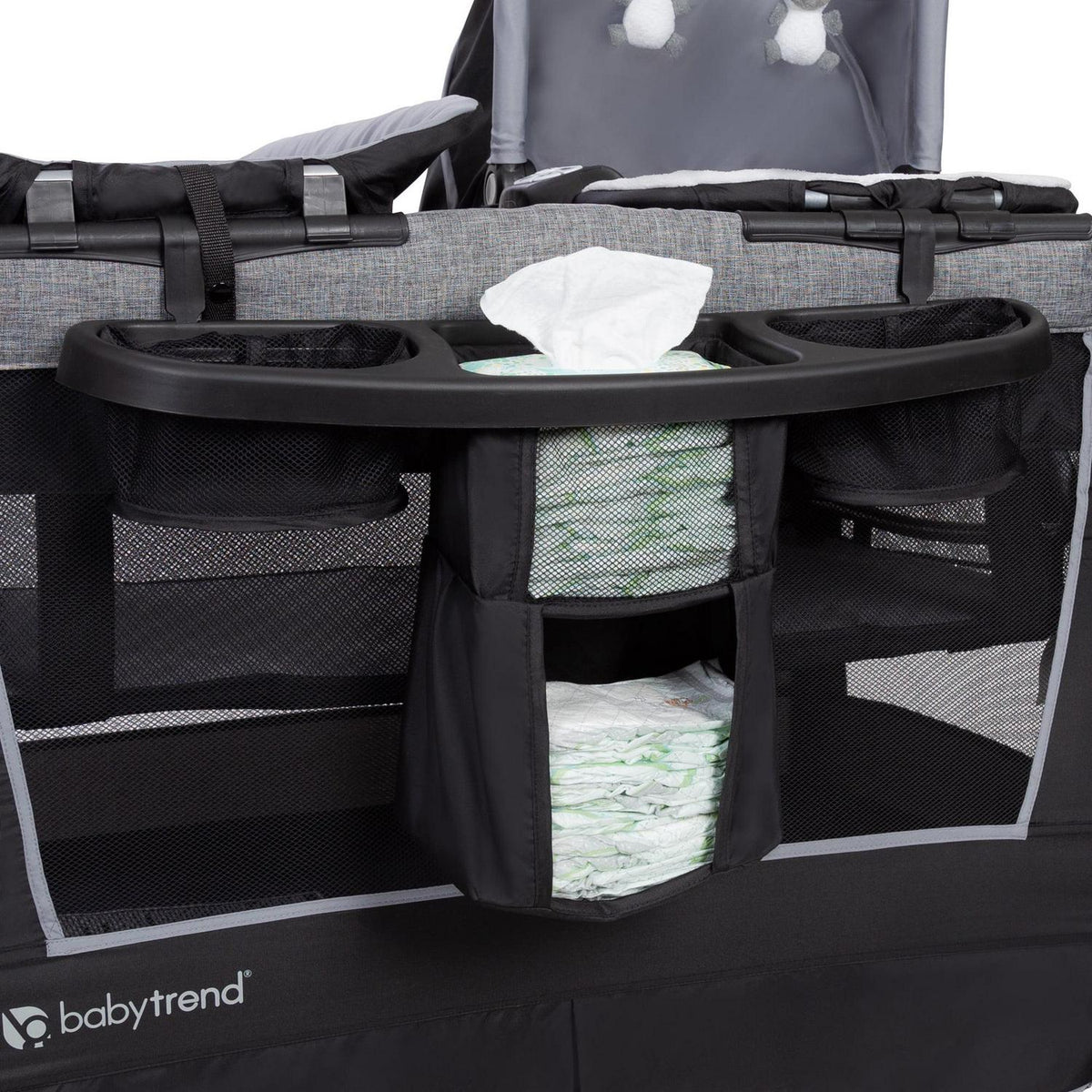 2026 NewBaby Trend Simply Smart Nursery Center Playard with Bassinet and Travel Bag - Whisper Grey