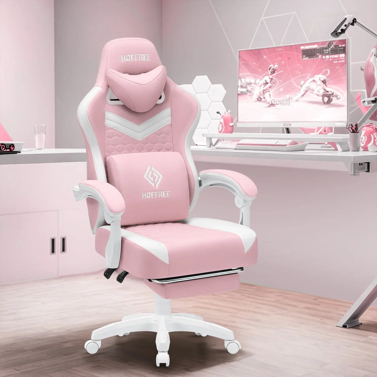 2026 NewHoffree Gaming Chair with Massage Fabric Office Chair with footrest for Adults, Ergonomic Gamer Chair with Headrest and Lumbar Support for Office Gaming, 440 LBS