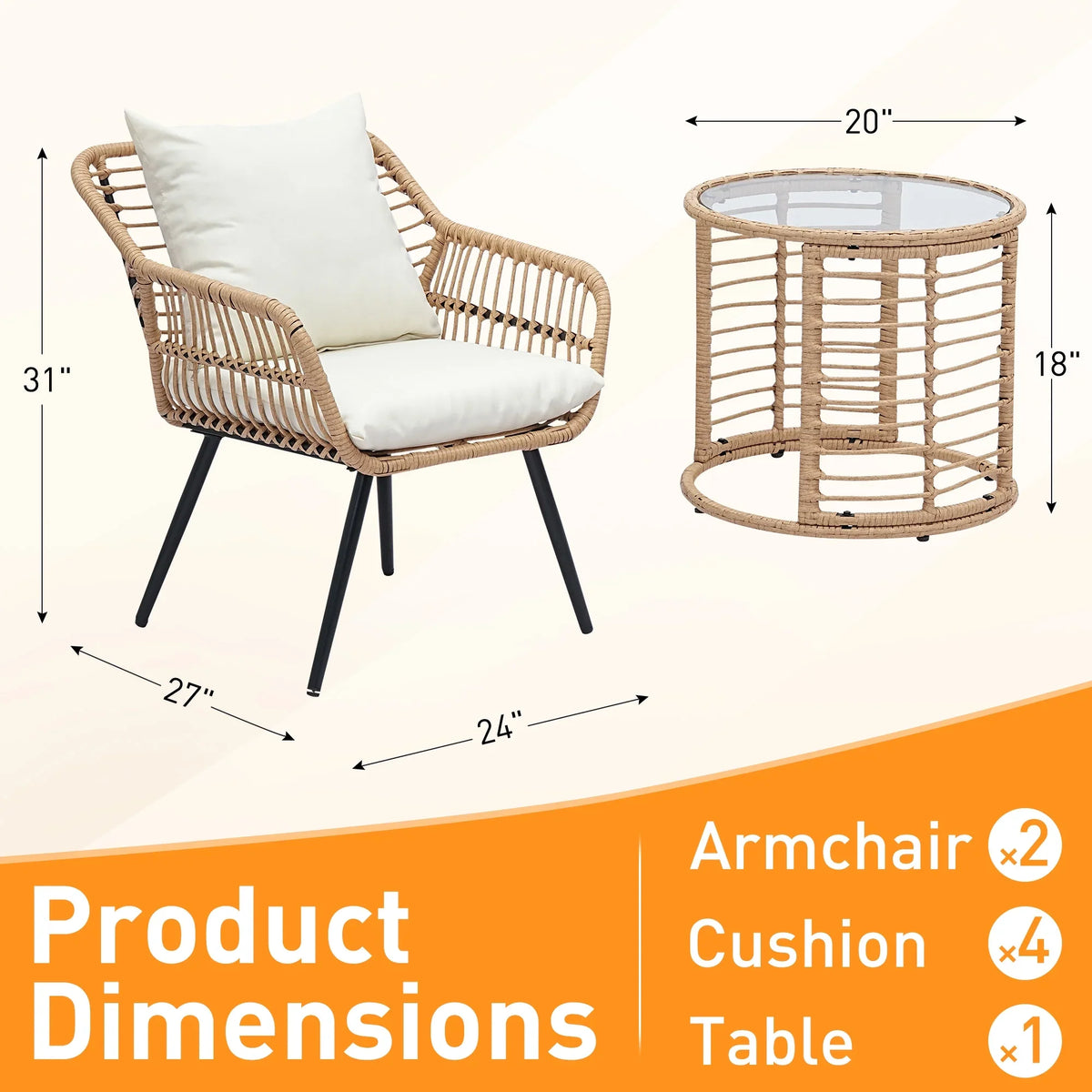 2026 NewAinfox 3-Piece Steel Outdoor Bistro Sets with Metal Chairs and Glass Top Table, Beige