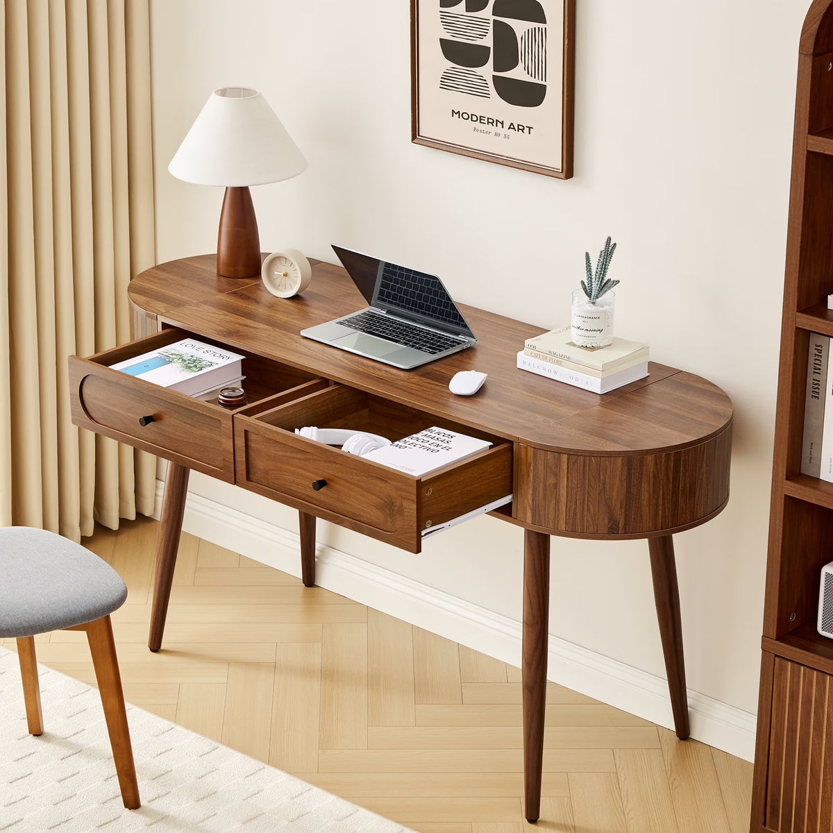 2026 NewYOCWO Modern Home Office Desk with 2 Drawers and 2 Fflip-top Storage, Oval Computer PC Desk Table, Vanity Desk with Fluted Curved Table Edge, Walnut