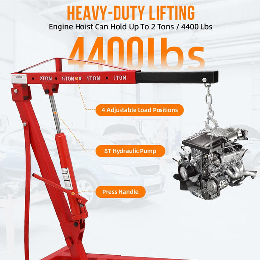 Yiwa Foldable 2 Ton Engine Hoist, Cherry Picker with Four Adjustable Positions and Wheels, 4400 Lbs Maximum Lift, Designed for Efficient Industrial and Workshop Applications