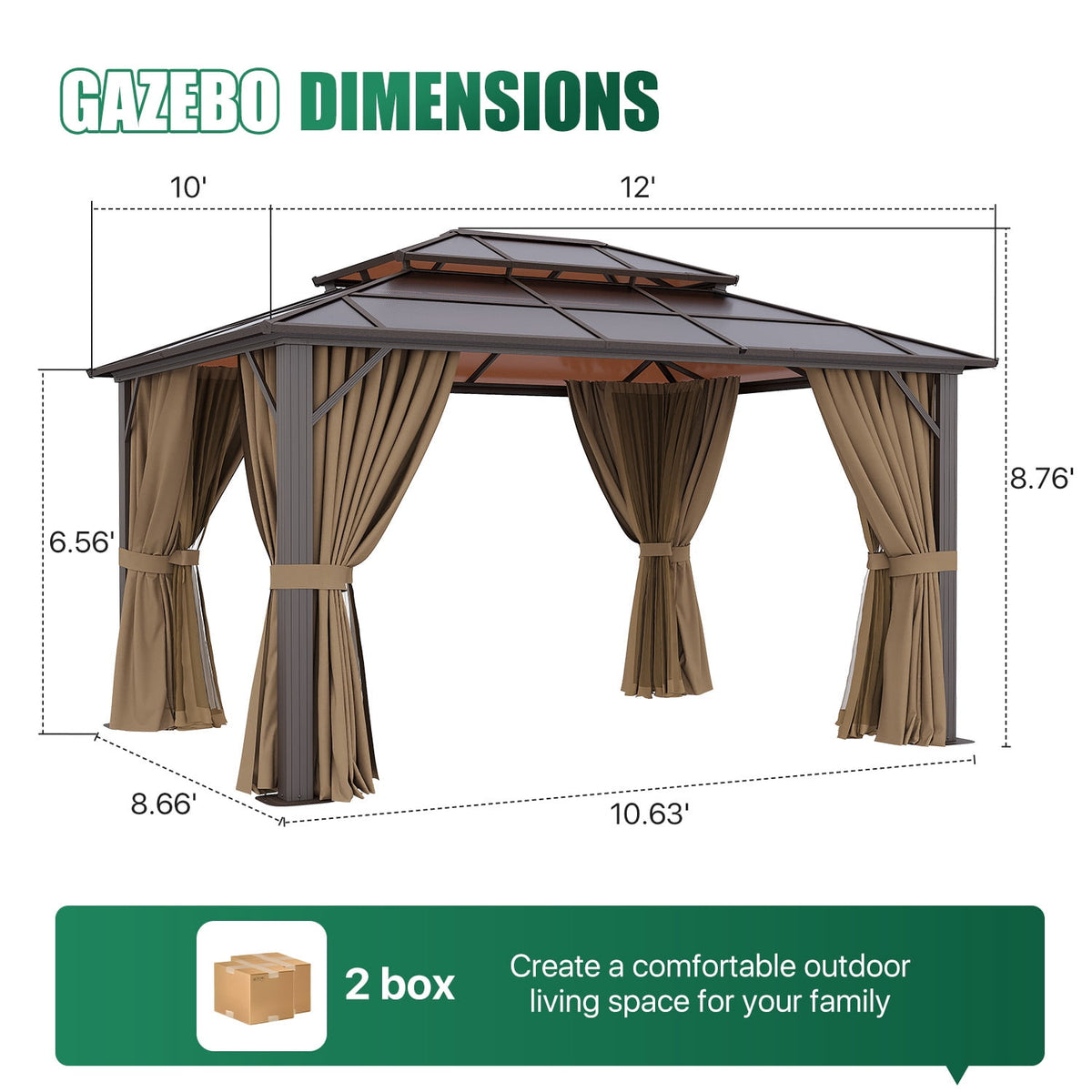 Clouddwell 10'x12' Hardtop Gazebo - Polycarbonate Double Roof with Netting & Curtains for Patio, Garden Sun Protection,Brown
