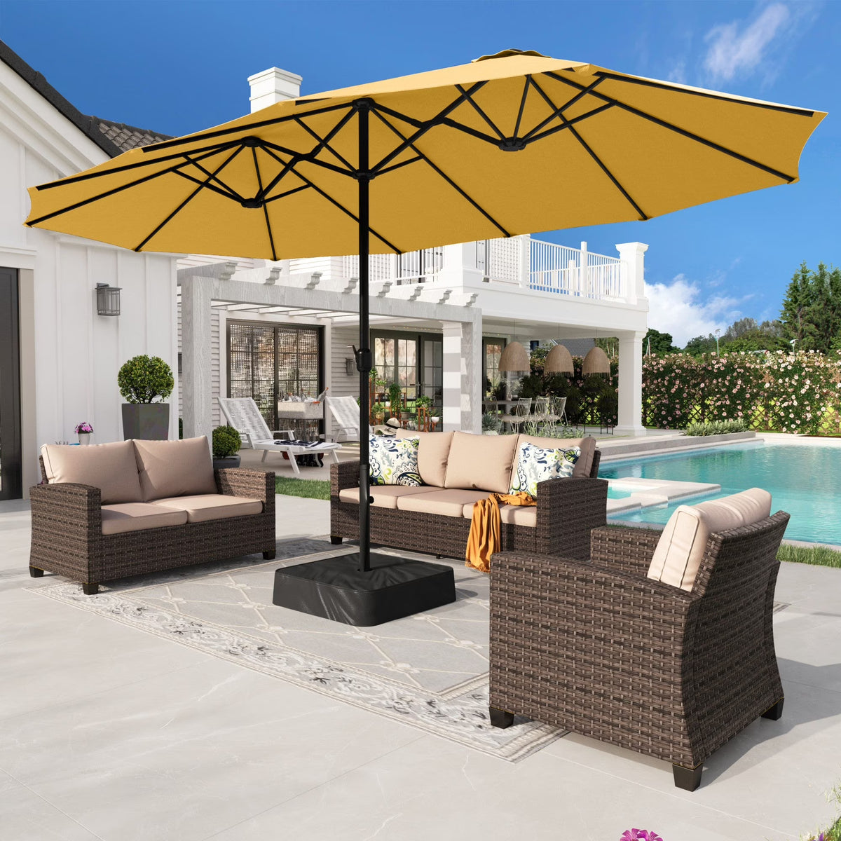 2026 NewAlpha Joy 15ft Outdoor Patio Umbrella Extra-Large Double-Sided Garden Umbrella with Crank Handle and Base - Smoky Gray
