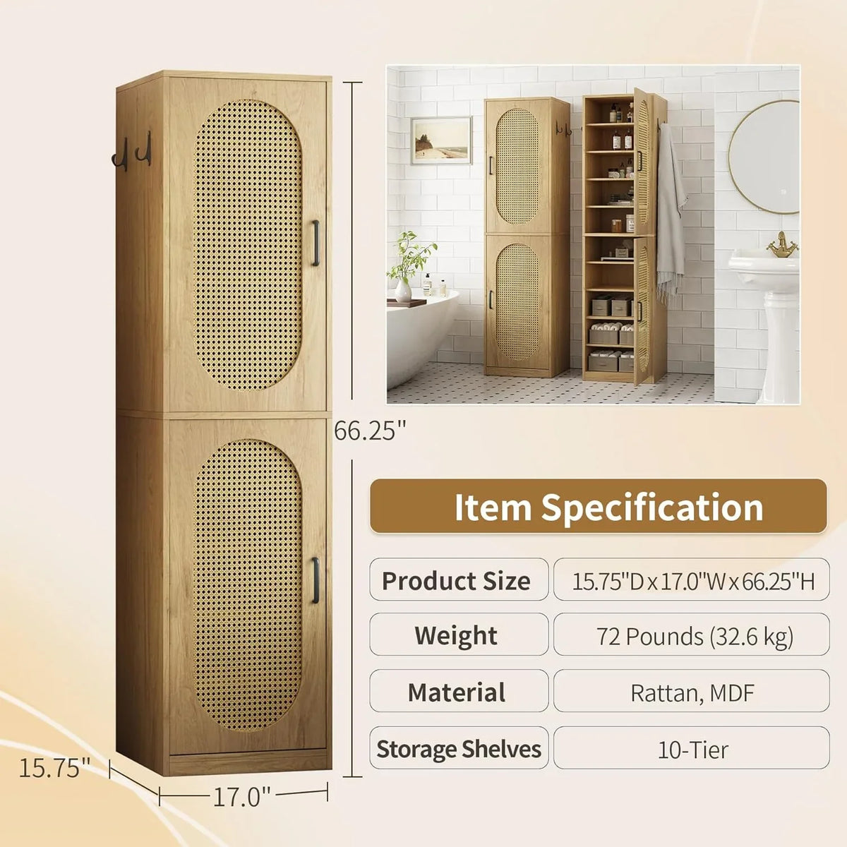 2026 New66-Inch Bathroom Storage Cabinet with Rattan Doors, Bath Room Organizer Floor Cabinets Brown