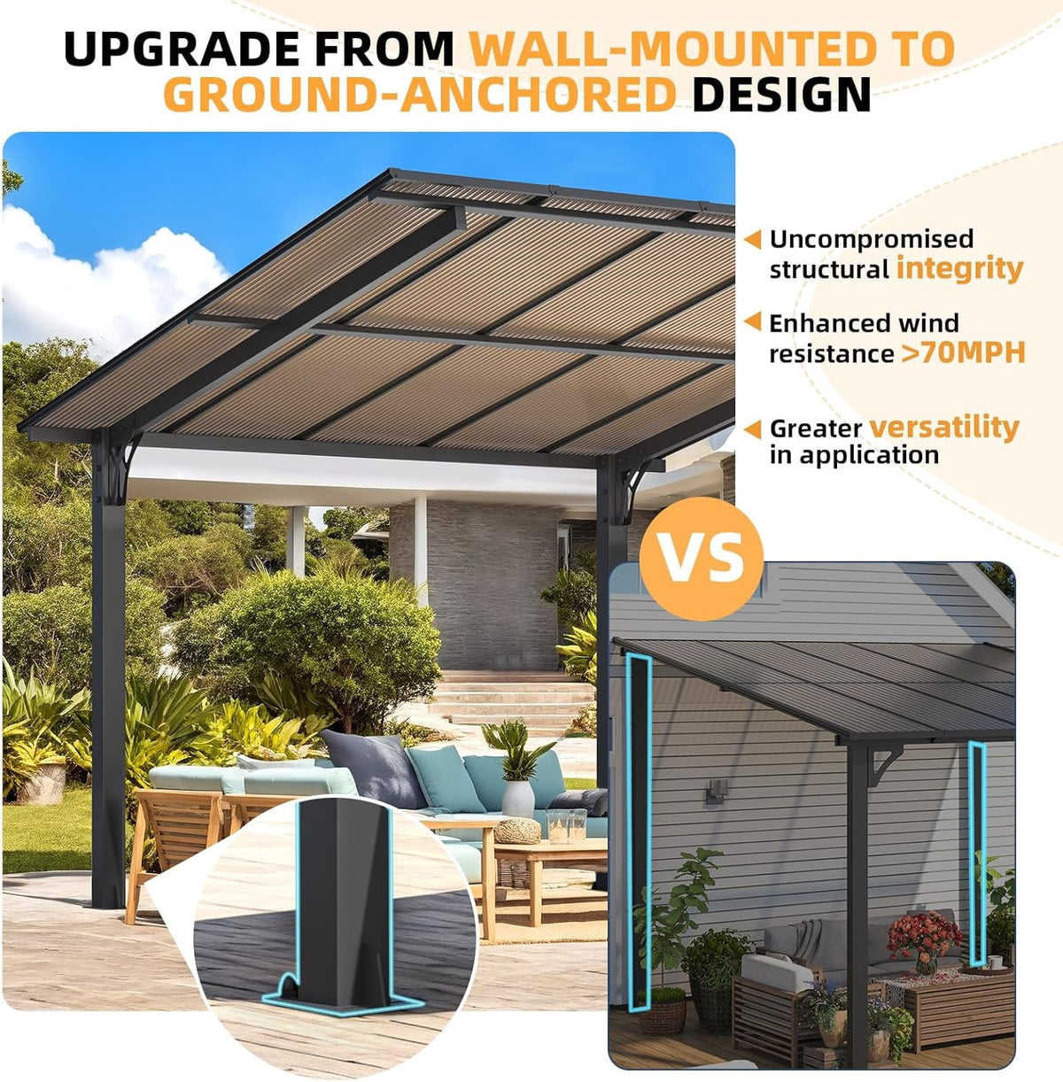 AECOJOY 10'x10' Gazebo, Outdoor Wall Mounted Hardtop Gazebo & Pergola with Aluminum Frame for Patio, Porch and Backyard in Black