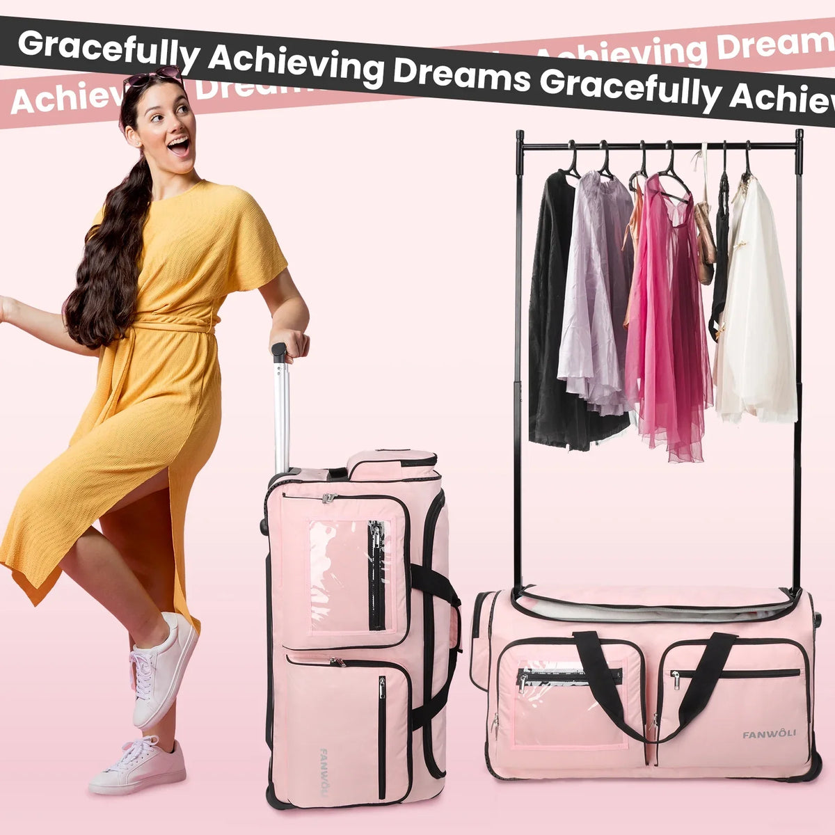 2026 NewFegat Dance Bag with Garment Rack - 28"Collapsible Rolling Competition Dance Duffle Bag Lightweight Costume Wheeled Suitcase for Dancers Shows Livestreamer Athletes