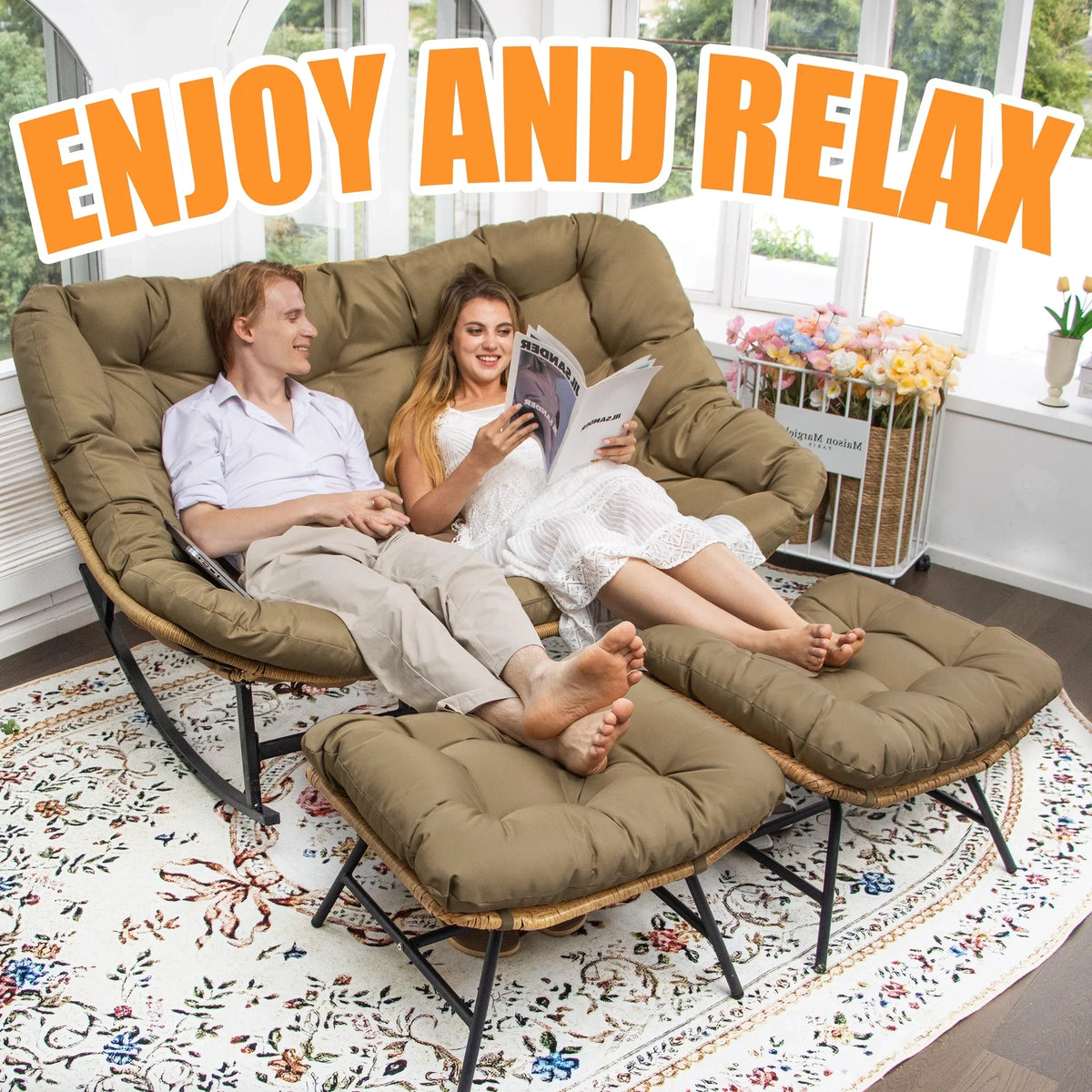 2026 NewRADIATA Beige Double Outdoor Rocking Chair, 2 Person Patio Rocking Egg Chair with Thick Cushion