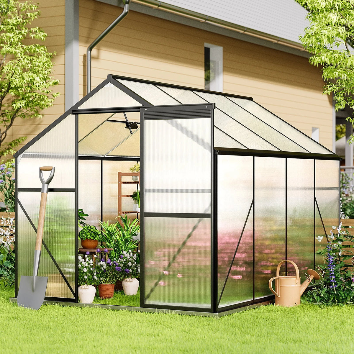 2026 NewAsofer 8x6 FT Greenhouse with Lockable Hinged Door Vent Window, Polycarbonate Walk-in Winter Greenhouse Sunroom, Black