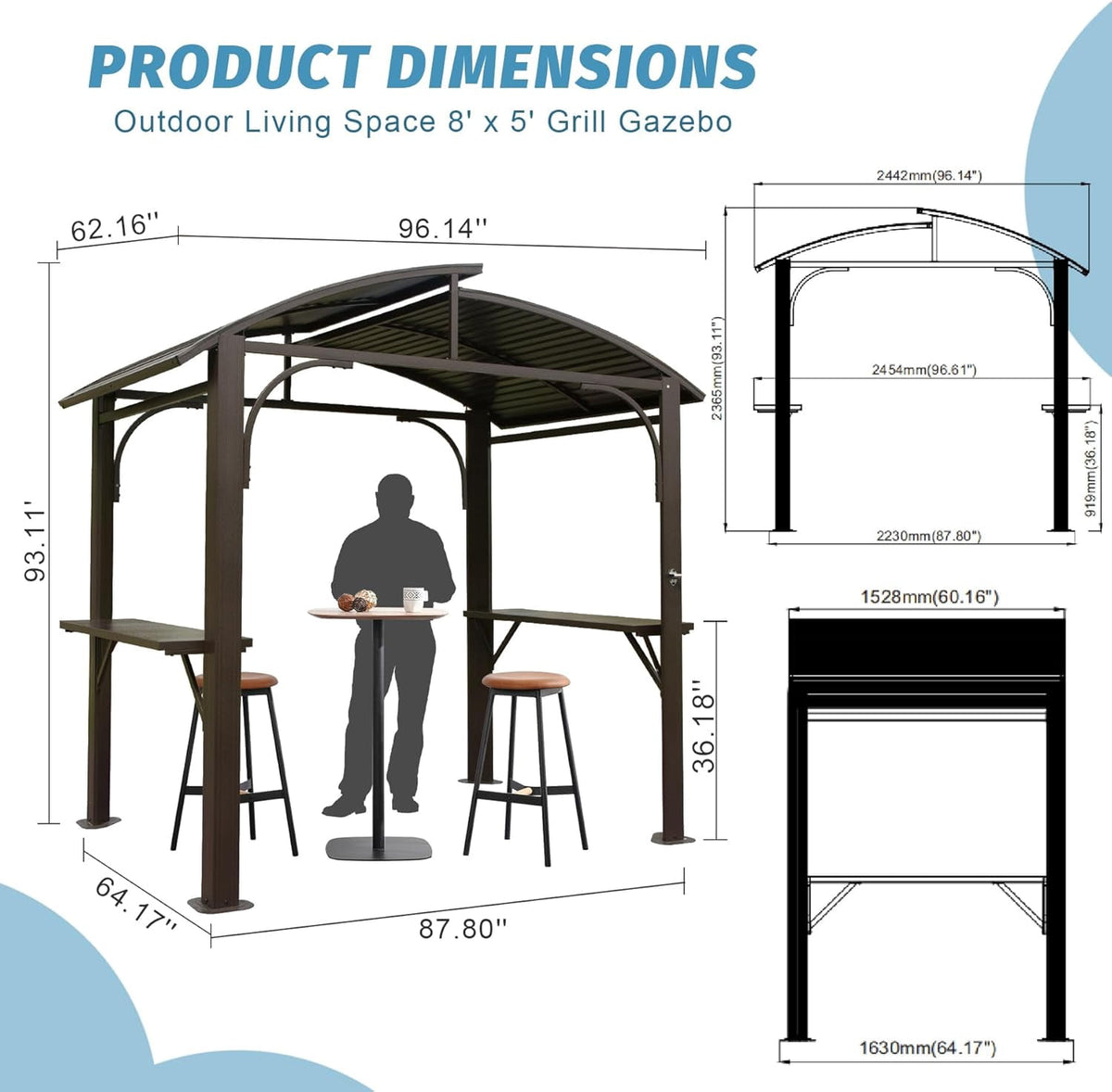 Domi Outdoor Living8x5FT Hardtop Grill Gazebo, BBQ Canopy with Double Galvanized Steel Roof & 2 Side Shelves for Patio,Garden,Backyard, Brown