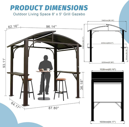 Domi Outdoor Living8x5FT Hardtop Grill Gazebo, BBQ Canopy with Double Galvanized Steel Roof & 2 Side Shelves for Patio,Garden,Backyard, Brown
