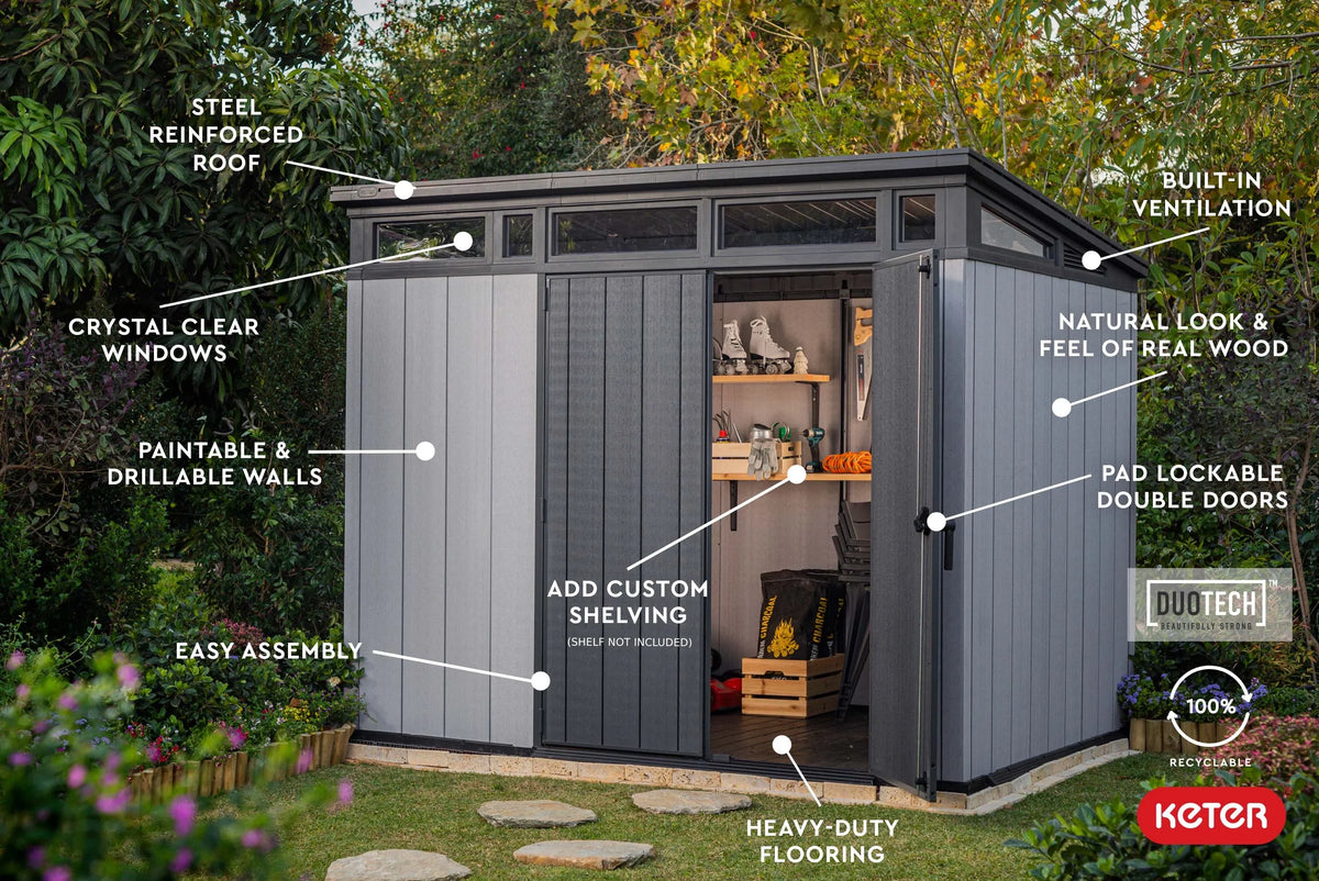 2026 NewKeter Artisan 9x7 Foot Large Outdoor Shed & Floor w/Modern Design, Grey