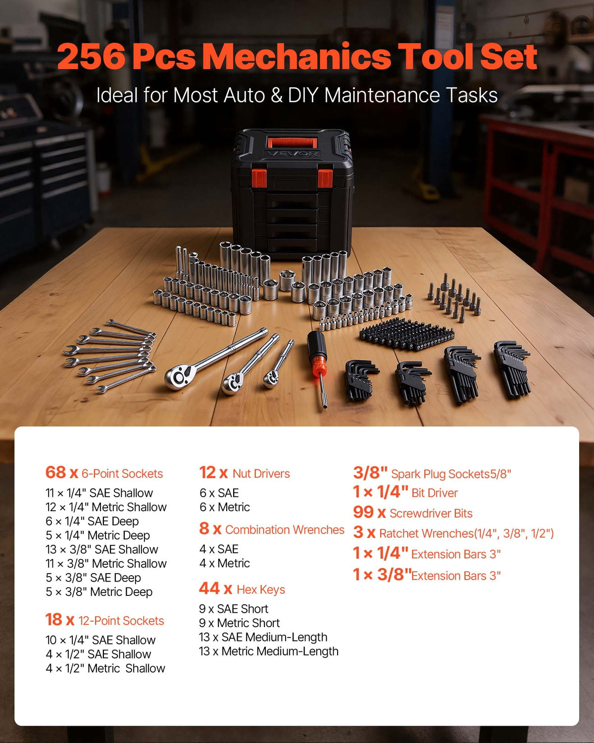 VEVOR Mechanics Tool Set, 256-Piece Mechanic Tool Kit, 1/4 in, 3/8 in, and 1/2 in Drive, SAE and Metric Socket Set, Wrenches, Screwdriver Bits, Accessories, and Storage Case