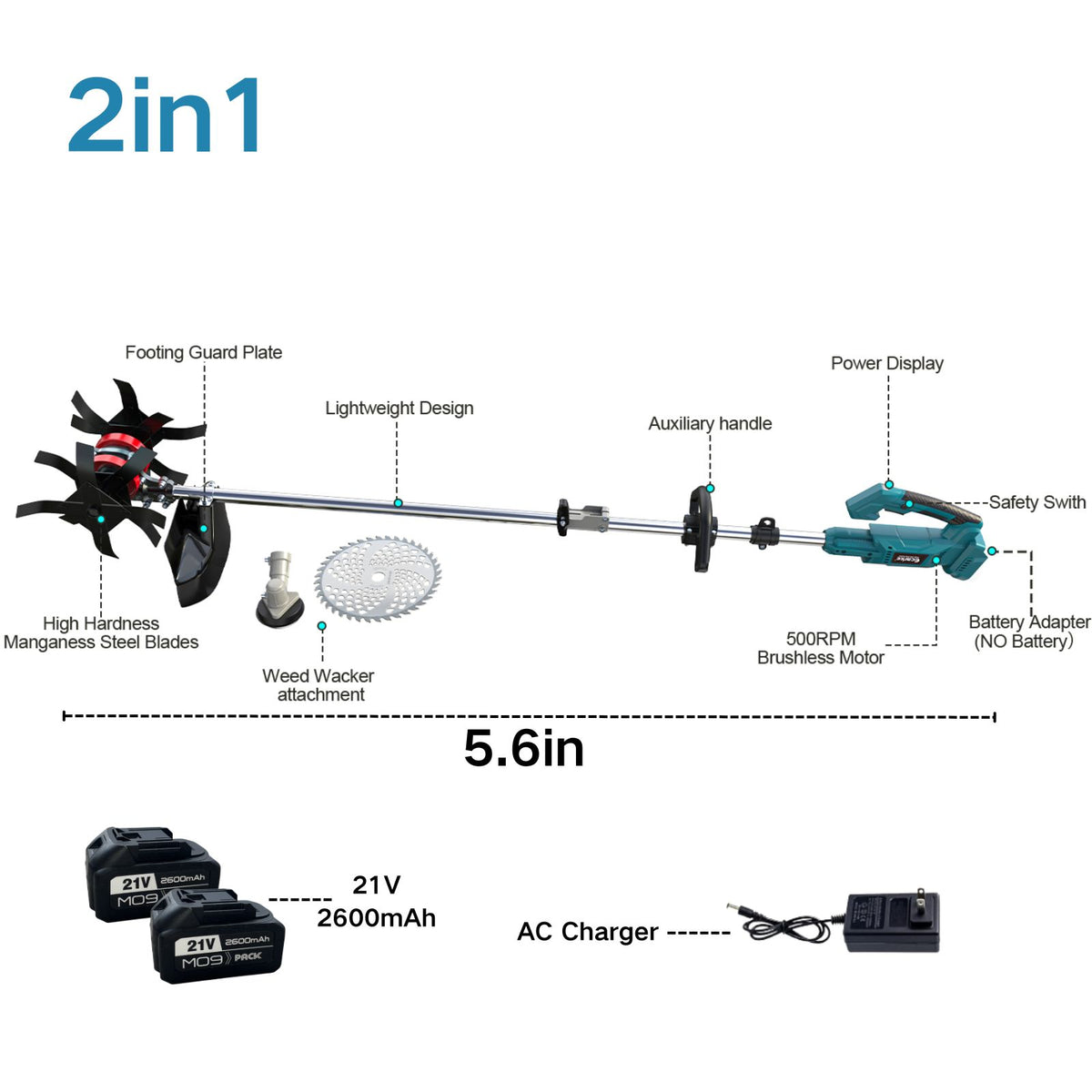 Golyzmt Cordless 2-in-1 Tiller Cultivator & Weed Wacker, 500RPM Ecarke Electric Garden Tiller String Trimmer Soil Cultivation Raised Beds, Weedi