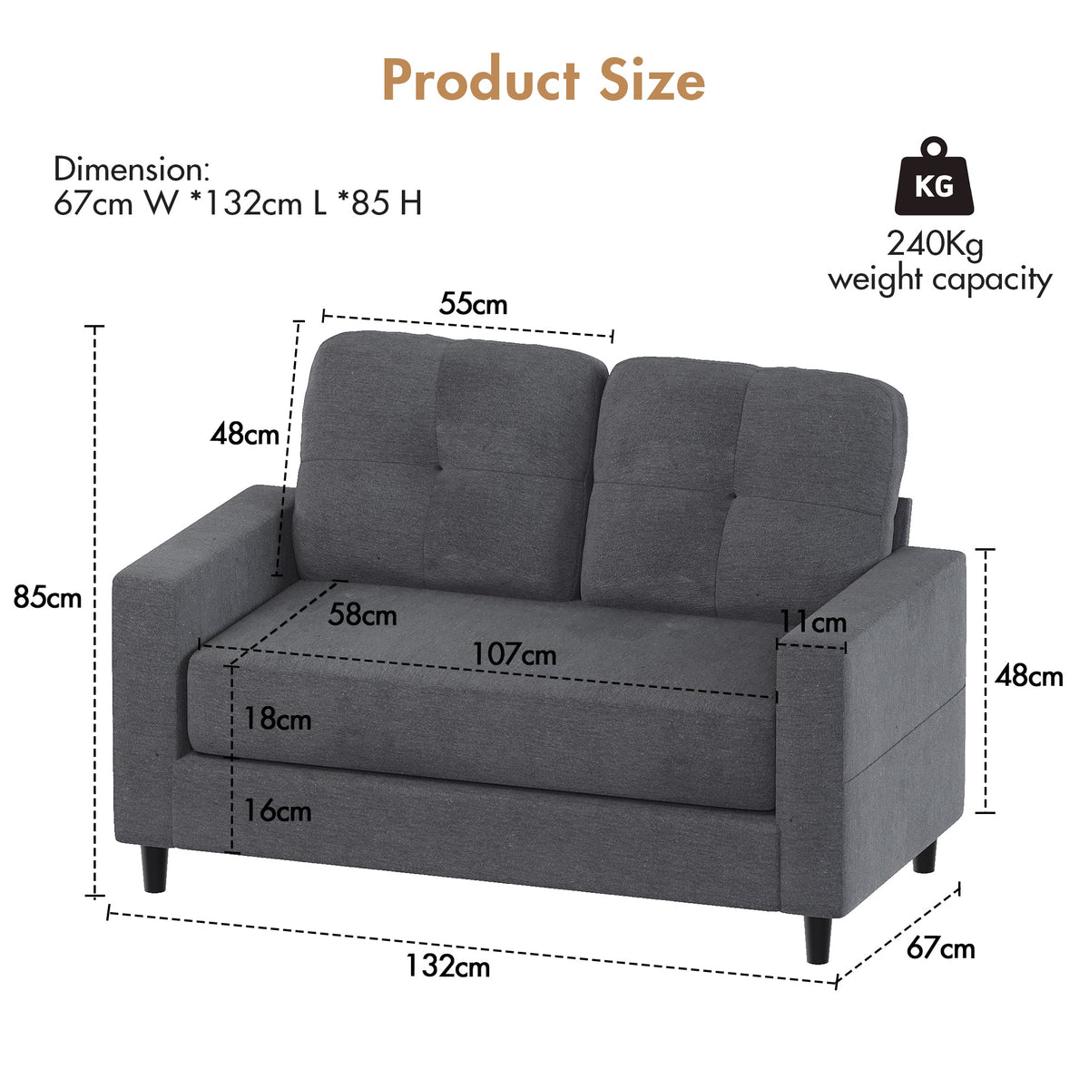 2-Seater Sofa 132cm Loveseat Sofa Dark Grey