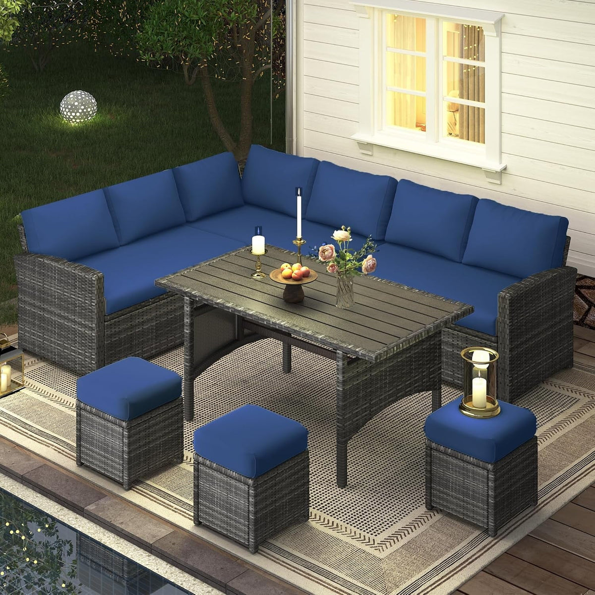 2026 NewAECOJOY 7 Piece Patio Furniture Set PE Rattan Outdoor Dining Set Sectional Sofa Couch with Table Patio Conversation Set in Gray