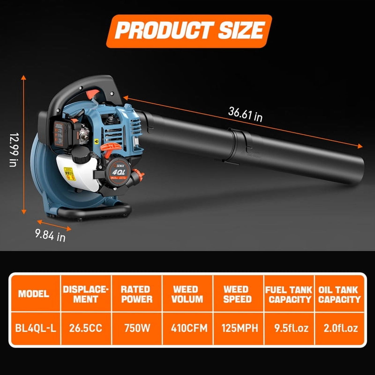 SENIX BL4QL-L 125 MPH at 410 CFM 26.5cc Gas Powered Handheld Leaf Blower