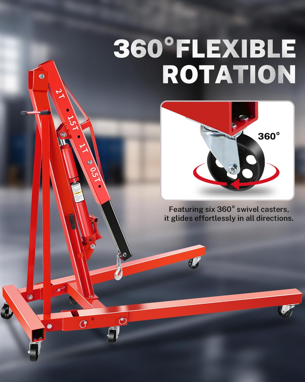 Red 2 Ton Folding Hydraulic Engine Hoist, Heavy Duty Shop Crane with 6 Locking Casters and 4 Boom Positions for Garage and Workshop