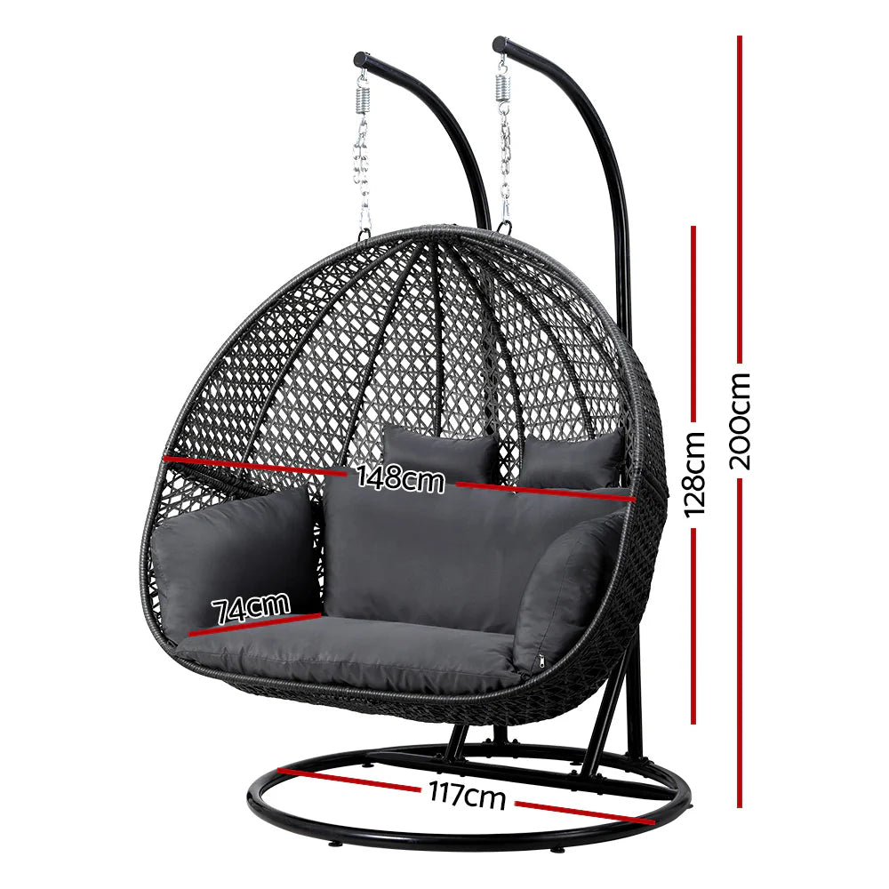 Gardeon Outdoor Egg Swing Chair Wicker Furniture Pod Stand Cushion 2 Seater Grey