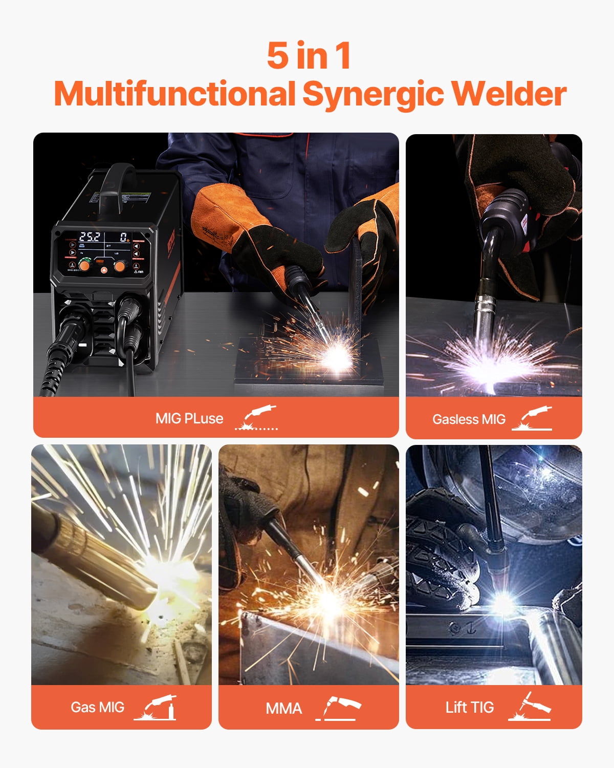 VEVOR Pro MIG Welder 200A Pluse Mig Welding Machine 5-in-1 Synergic Welder Machine