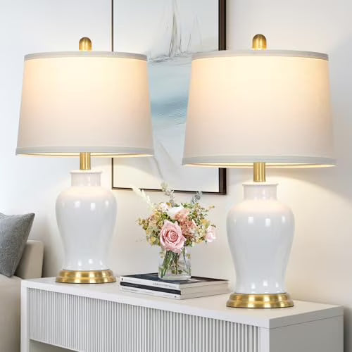 2026 NewModern Ceramic Table Lamps Set of 2, 23" White Ceramic Lamps for Living Room, Rustic Farmhouse Bedside Lamp with Ginger Jar Design, Elegant Bedroom Lamp for Nightstand Desk Side End Table Home Decor