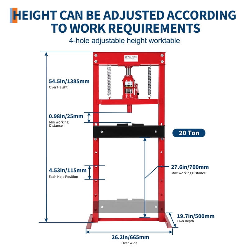 TROPOW 20 Ton Hydraulic Shop Press – Heavy-Duty H-Frame Press with Adjustable Height, Dual Plates & Dust Cover – Red