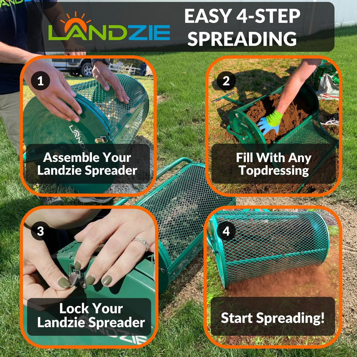 2026 NewLandzie Compost Spreader 24 Inch Walk-Behind Lawn & Garden Spreader with Metal Mesh Basket