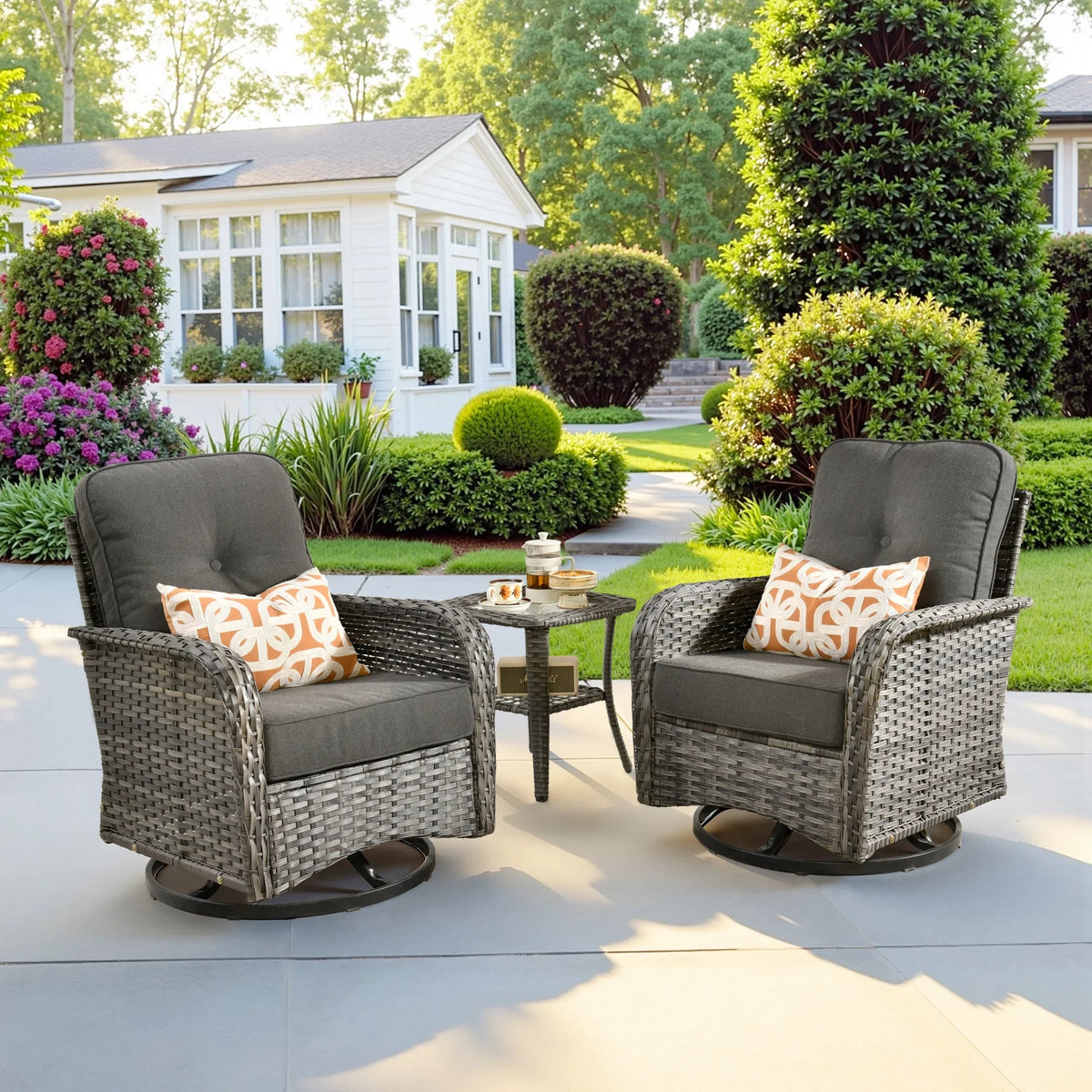 2026 NewOvios 5 Pieces Outdoor Patio Furniture Set High Back All Weather Wicker Conversation Set with Swivel Chairs & Coffee Table, Dark Gray