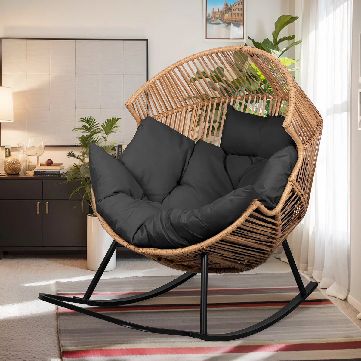 2026 NewWalsunny Egg Chairs Outdoor Patio Wicker Oversized Egg Shell Lounger Lawn Chair with Cushion for Indoor Outside Porch Balcony Backyard, Original Wood Color Rattan Beige Cushion