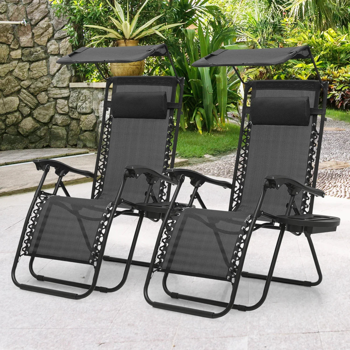 2026 NewMoNiBloom Zero Gravity Chairs Set of 2, Folding Outdoor Patio Beach Recliner with Canopy Shade & Headrest, Black