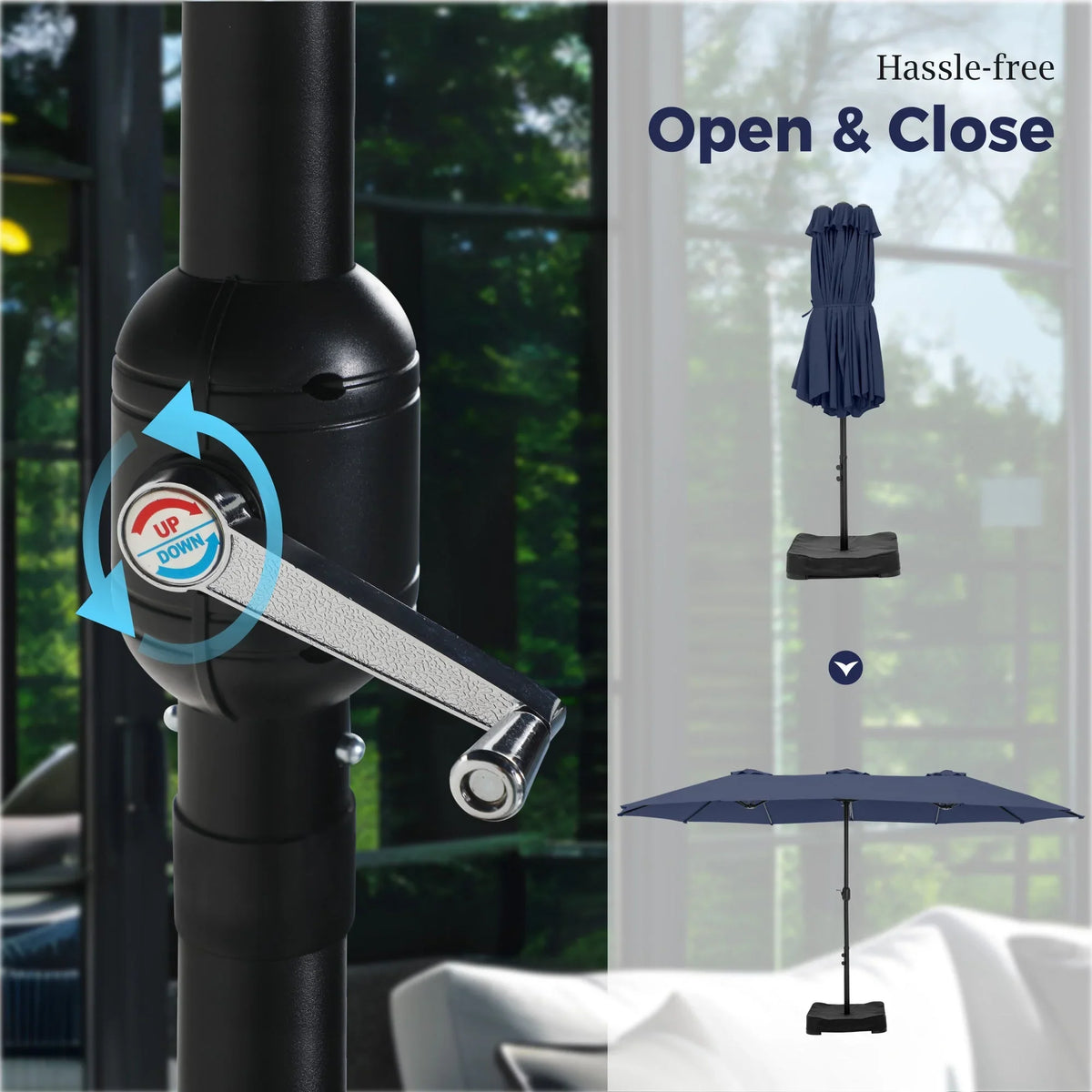 2026 NewAlpha Joy 15ft Outdoor Patio Umbrella Extra-Large Double-Sided Garden Umbrella with Crank Handle and Base - Smoky Gray