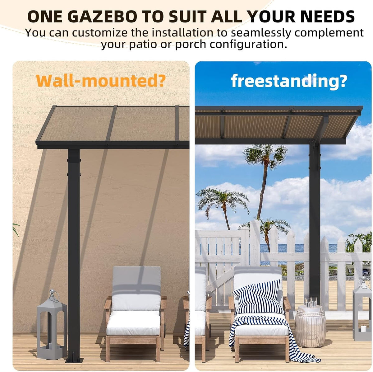 AECOJOY 8'x8' Gazebo, Outdoor Wall Mounted Hardtop Gazebo & Pergola with Aluminum Frame for Patio, Porch and Backyard in Black