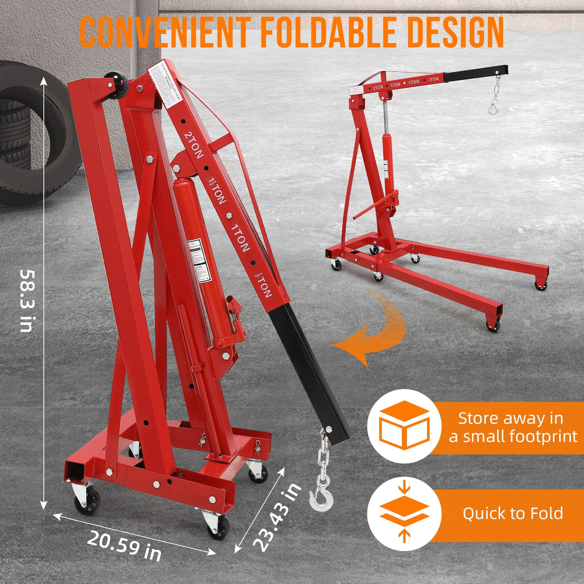 Garvee Hydraulic Engine Hoist, 2 Ton Max, Cherry Picker, 4400 lbs, No Lever, Red