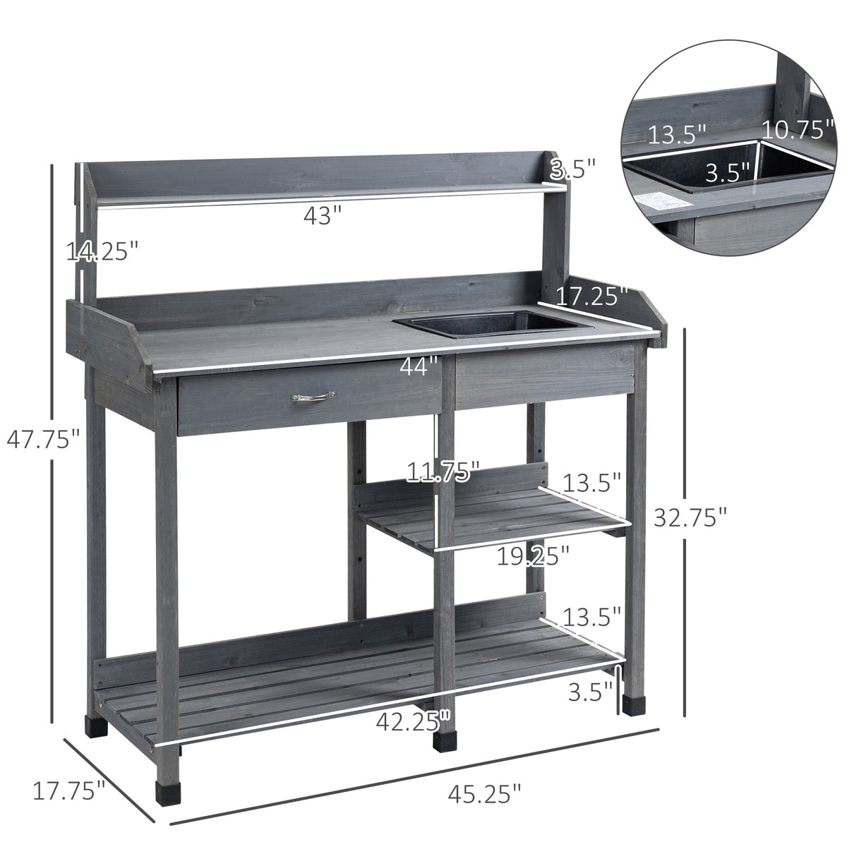 Outsunny Potting Bench Table, Natural Wood, Outdoor Workstation with Drawer, Removable Sink, Storage Shelves and Hooks