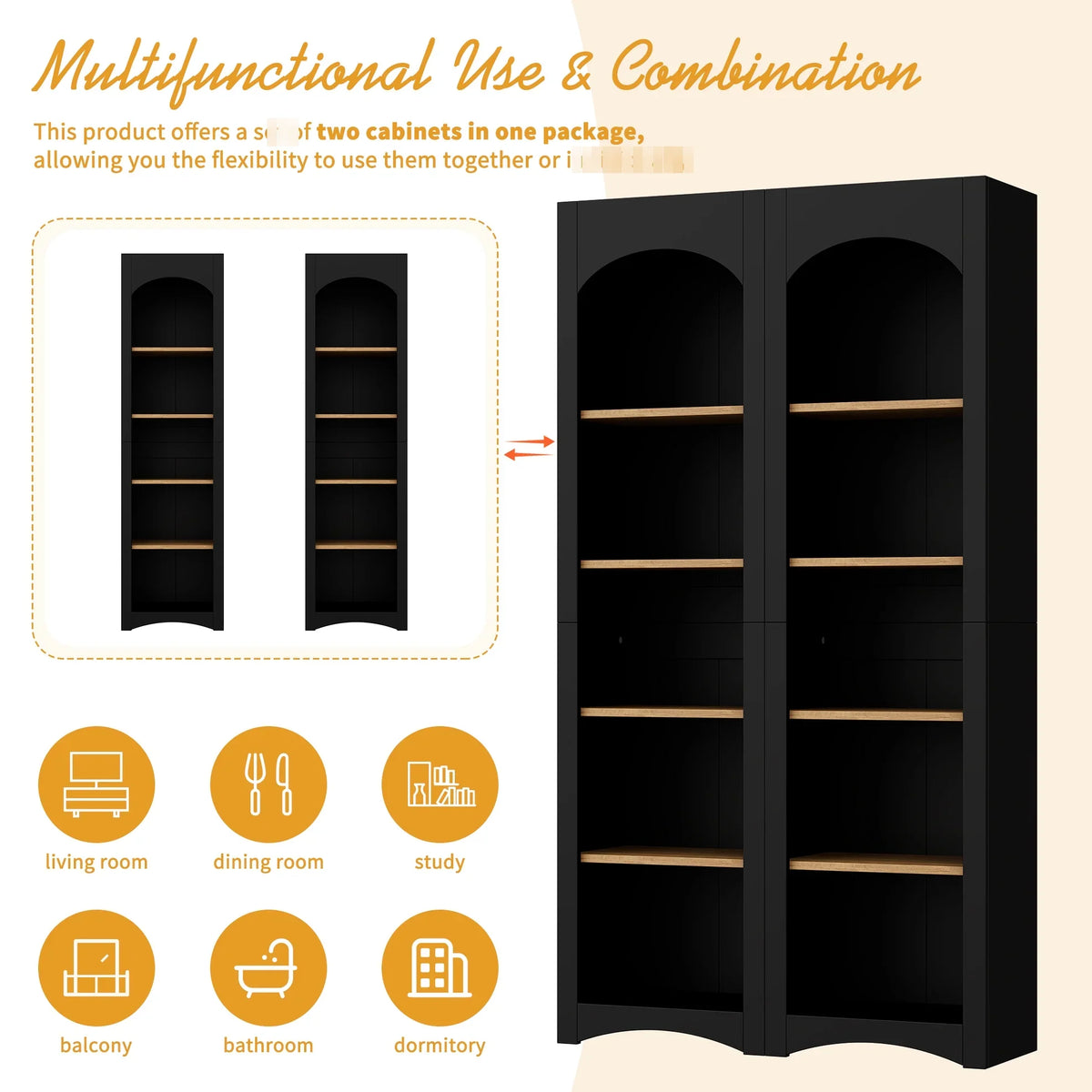2026 New72"h Pantry Pair, 2, Adjustable Shelves,, Black Finish 2 Bookcase, Cabinet With Vintage Style