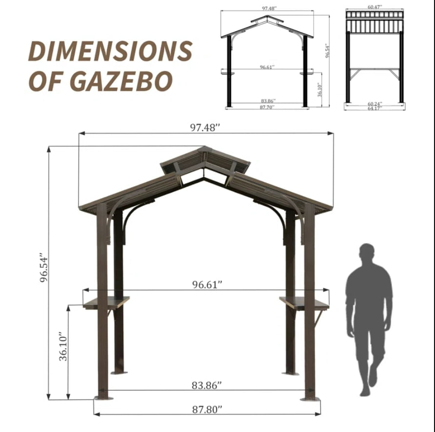 Domi 8x5 ft BBQ Gazebo, Aluminum Frame with Shelves & Serving Tables, Double Roof Hardtop Grill Shelter for Patio, Backyard & Garden, Brown
