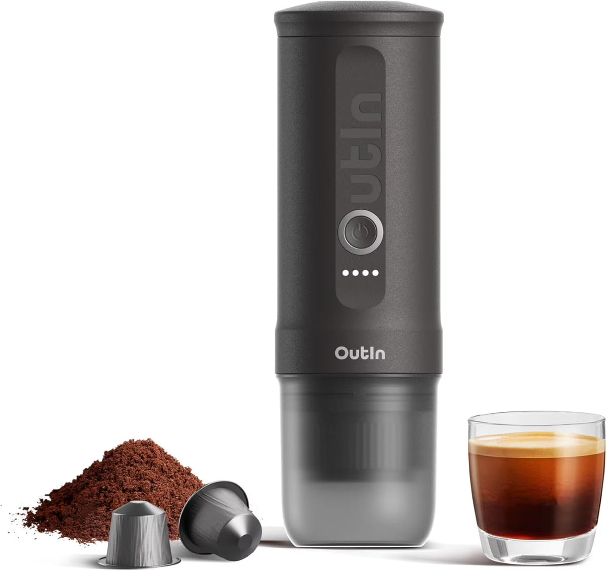 2026 NewOutIn Nano Portable Electric Espresso Machine, Travel Coffee Maker for Camping, Car Coffee Maker Self-Heating with USB-C, With Ground Coffee & NS Capsule for RV, Hiking, Office