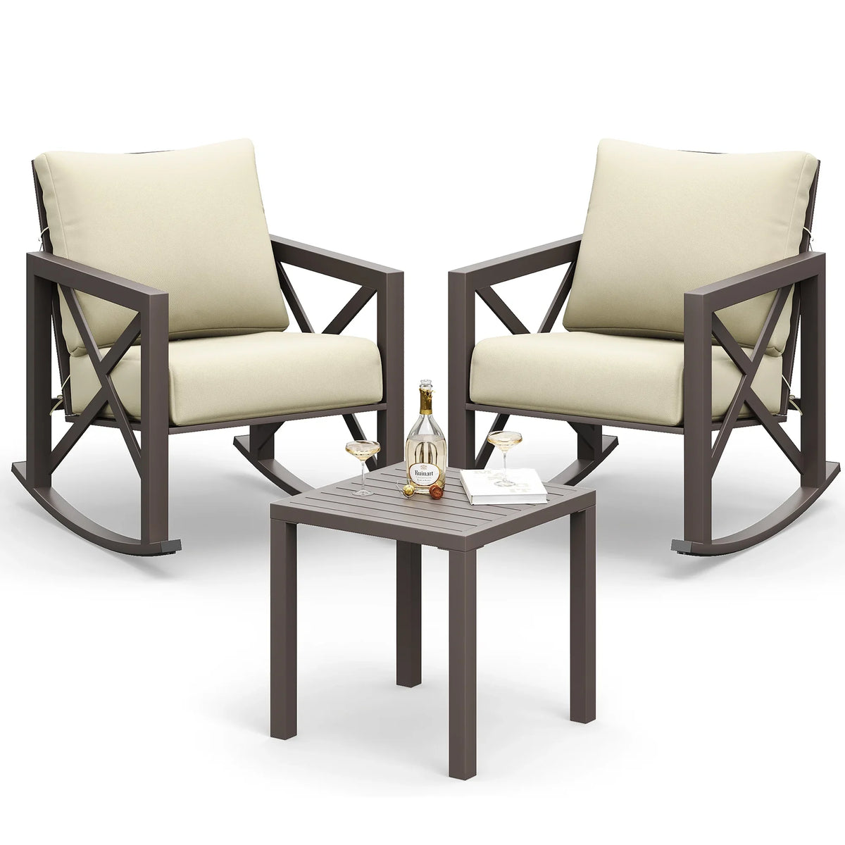 2026 NewMRUAKA Rocking Chair Bistro Set,3 Piece Outdoor Patio Furniture Set with 2 Rockers and 1 Metal Coffee Table with Thick Cushions for Porch,Backyard,Poolside,Beige