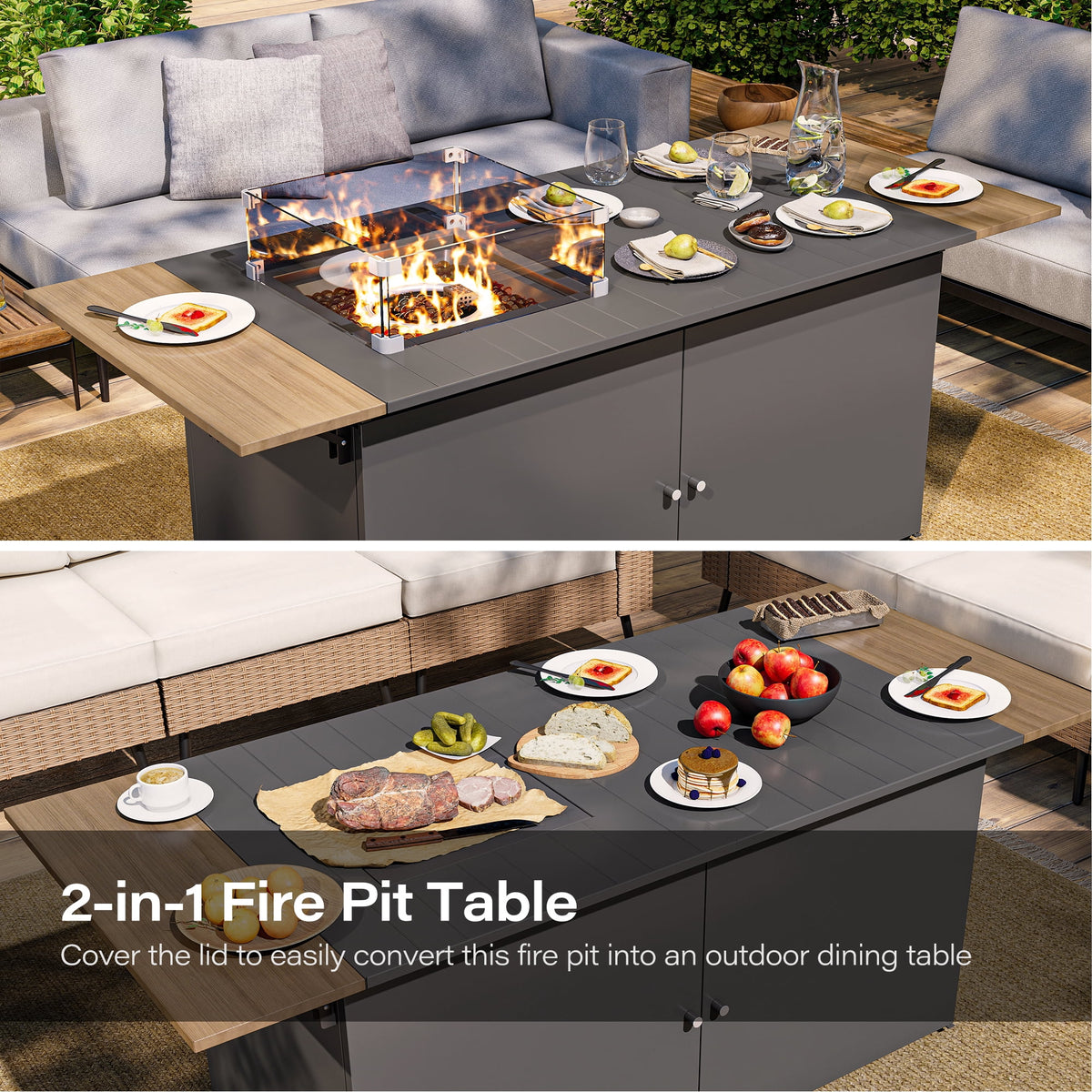 KAMEROUT 64" Outdoor Fire Pit Table, 50,000 BTU Patio Propane Fire Pit with Foldable Tabletop & Wind Guard, Black