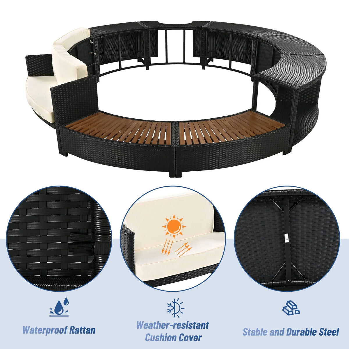 2026 NewRound Hot Tub Surround Furniture, Spa Surround Outdoor Rattan Sectional Sofa Set with Mini Sofa, Solid Acacia Wood Hot Tub Storage Surround Patio Furniture Set, Gray Cushion