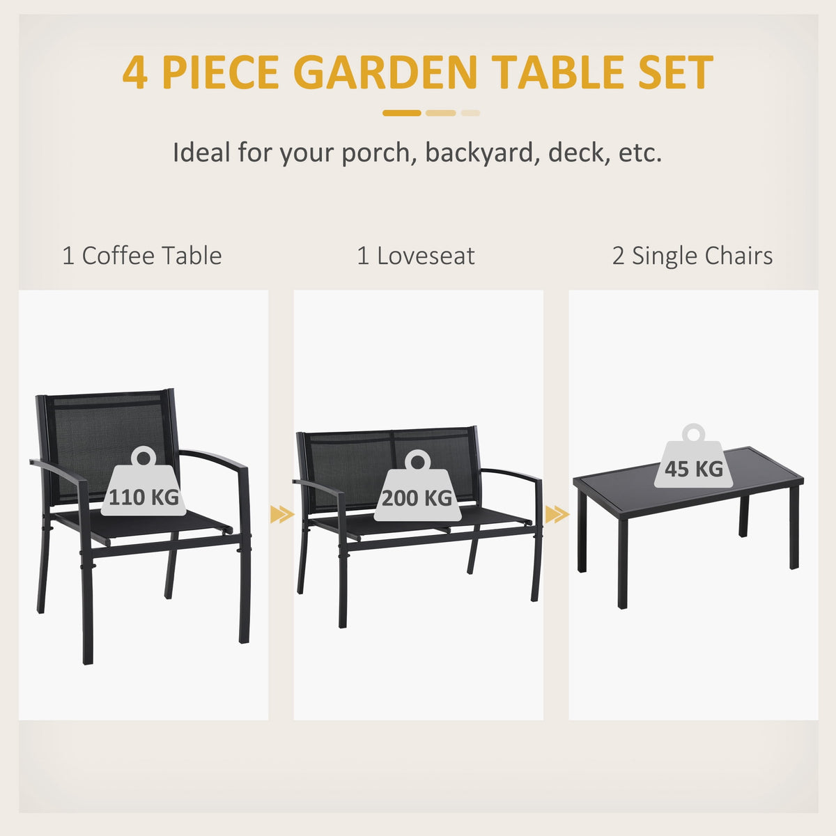 Outsunny 4 Piece Patio Furniture Set, Metal Outdoor Furniture Set, Black