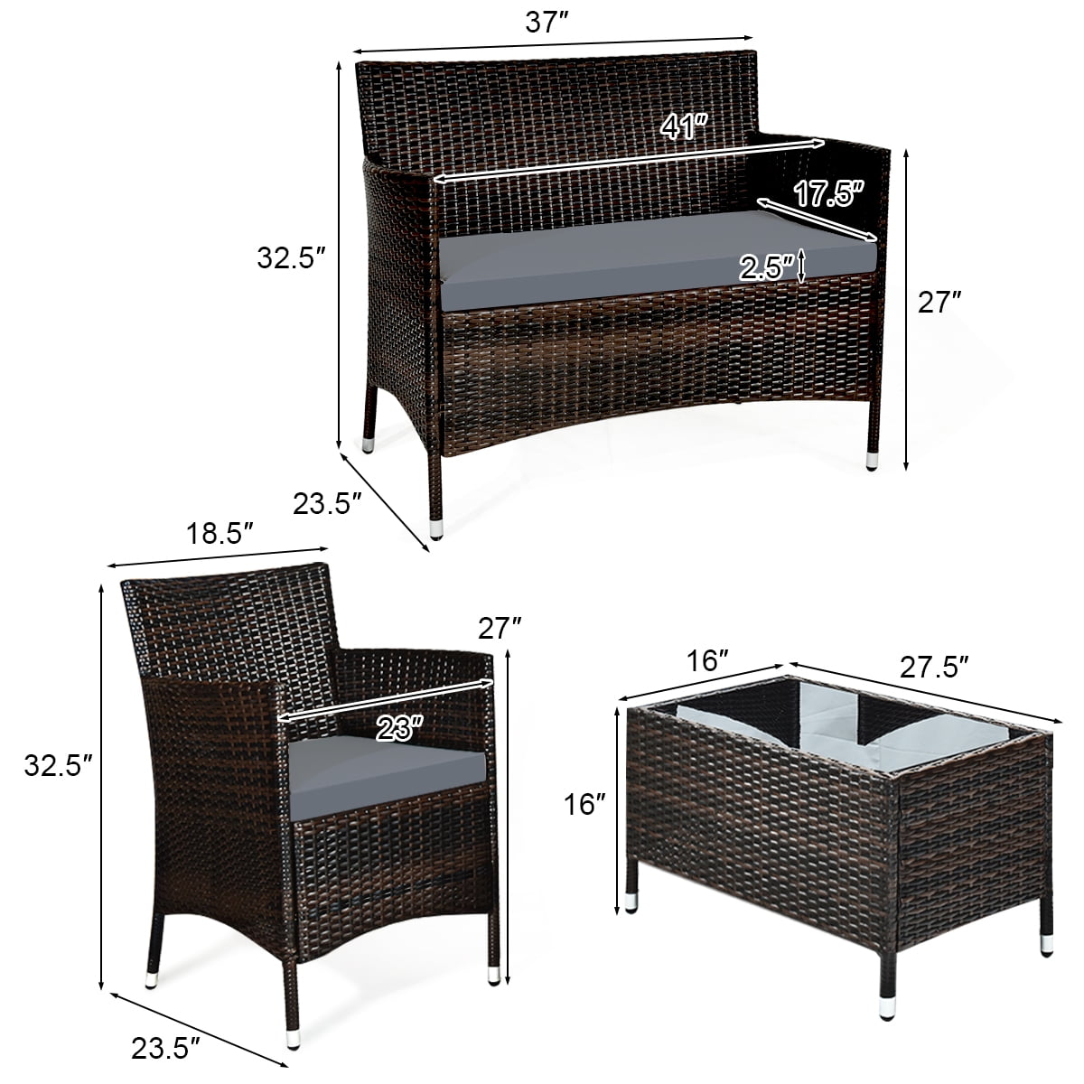 Costway 4PCS Rattan Patio Furniture Set Cushioned Sofa Chair Coffee Table Garden Grey